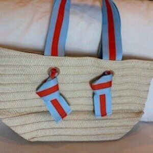 Mark and Graham- Ribbon Straw Beach Tote- Sky Blue Coral